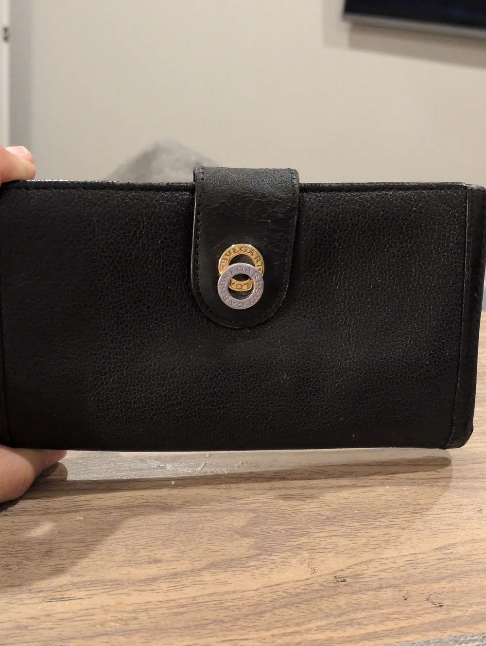 BVLGARI Vintage Black Leather Doppio Tondo Flap Long Wallet